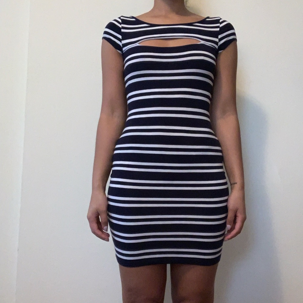 GUESS Blue and White Striped Bodycon Dress